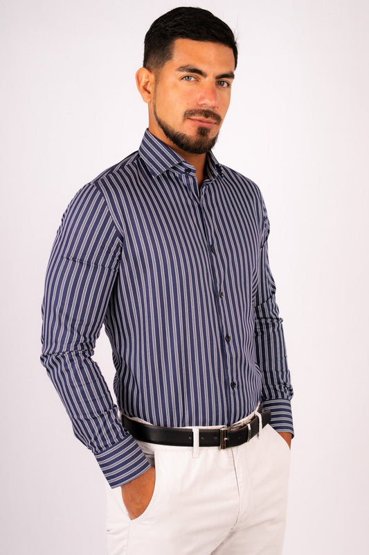 Camisa Slim Fit Rayas Azul Algodón Stretch - BARBADENS
