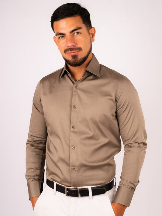 Preventa - Camisa Café Algodón Stretch Slim Fit - BARBADENS