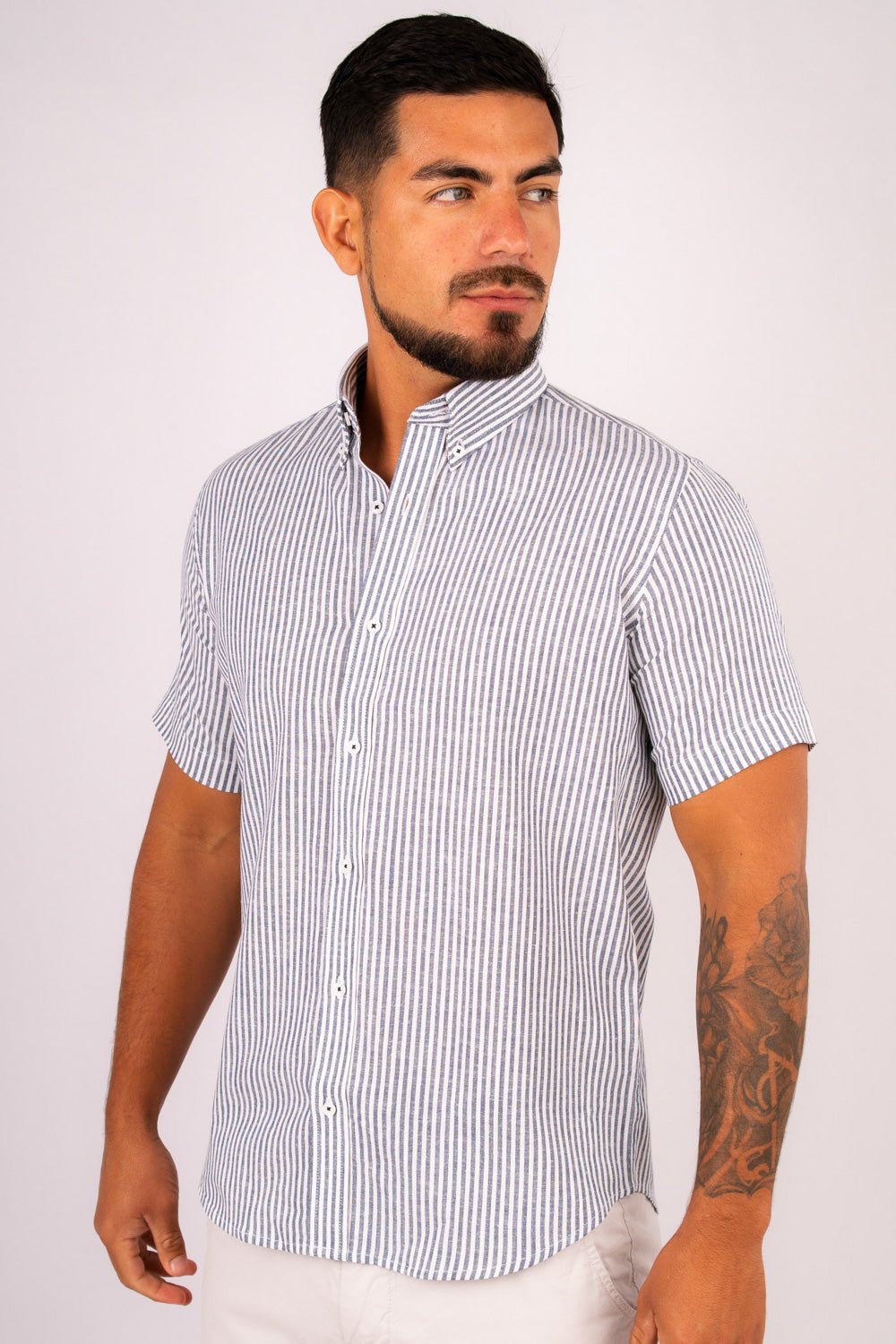 Camisa Lino Algodón Rayas Gris Manga Corta Slim Fit - BARBADENS