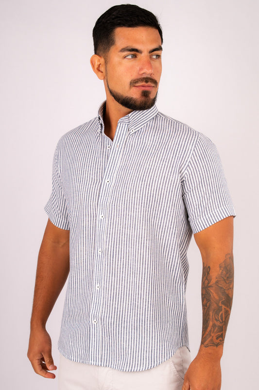 Camisa Lino Algodón Rayas Gris Manga Corta Slim Fit