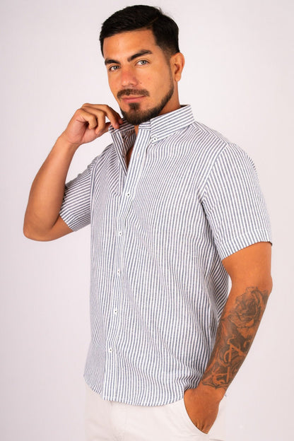 Camisa Lino Algodón Rayas Gris Manga Corta Slim Fit - BARBADENS