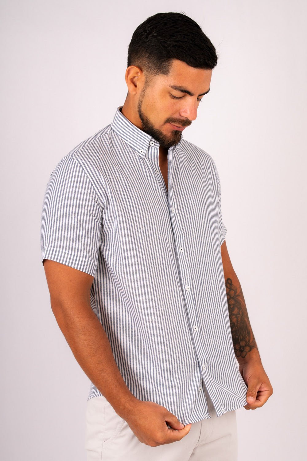Camisa Lino Algodón Rayas Gris Manga Corta Slim Fit - BARBADENS