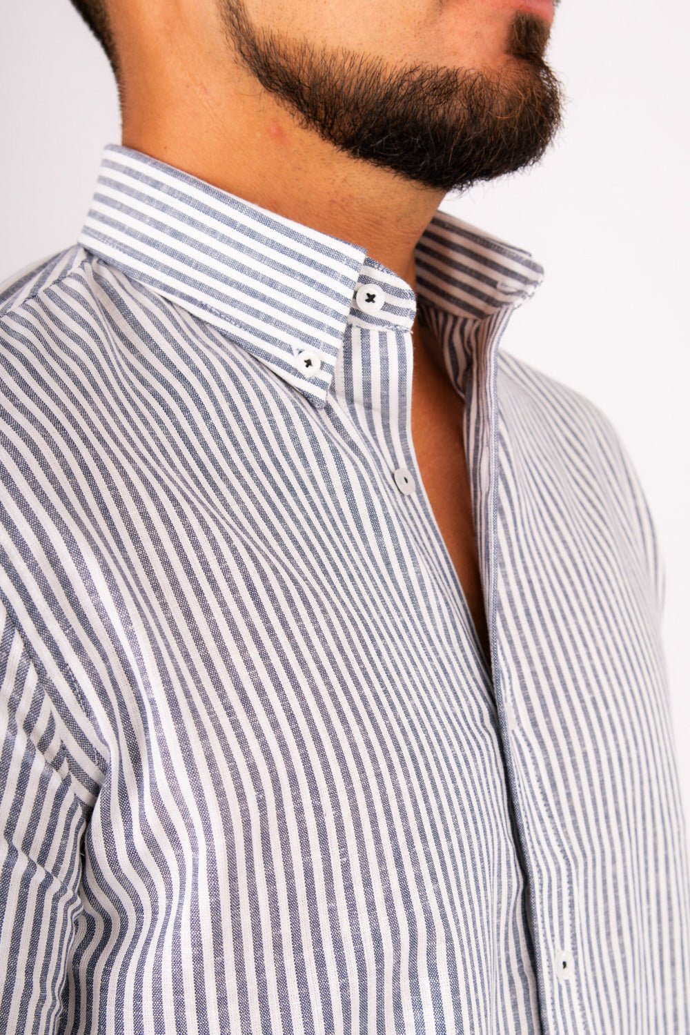 Camisa Lino Algodón Rayas Gris Manga Corta Slim Fit - BARBADENS