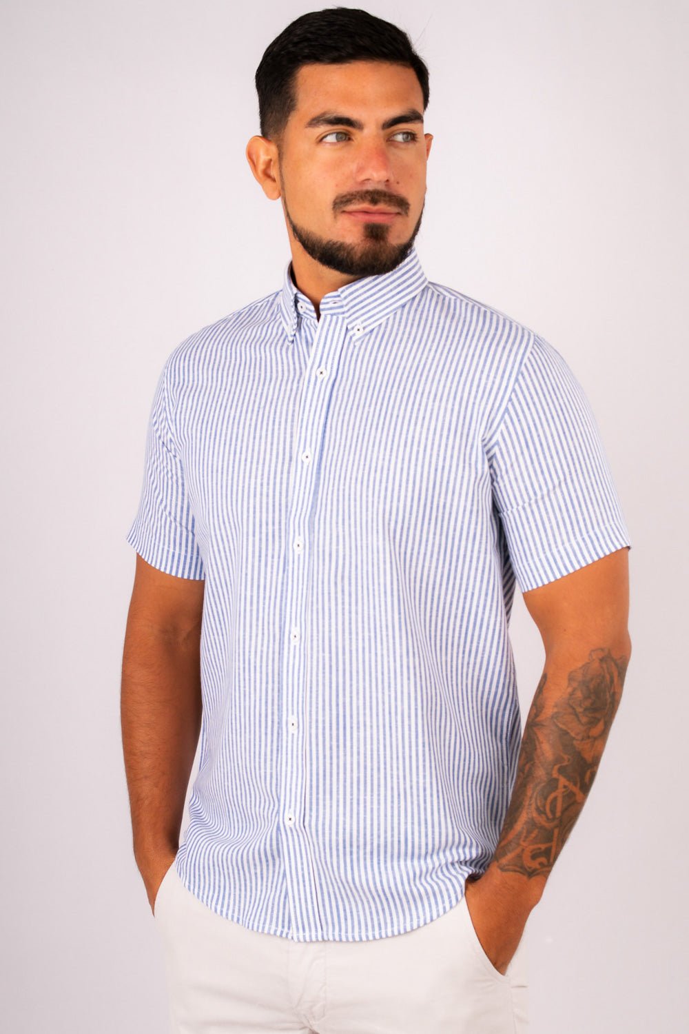 Camisa Lino Algodón Rayas Azul Manga Corta Slim Fit - BARBADENS