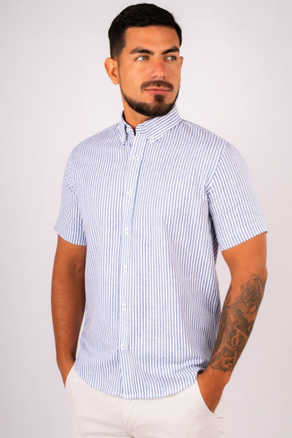 Camisa Lino Algodón Rayas Azul Manga Corta Slim Fit - BARBADENS