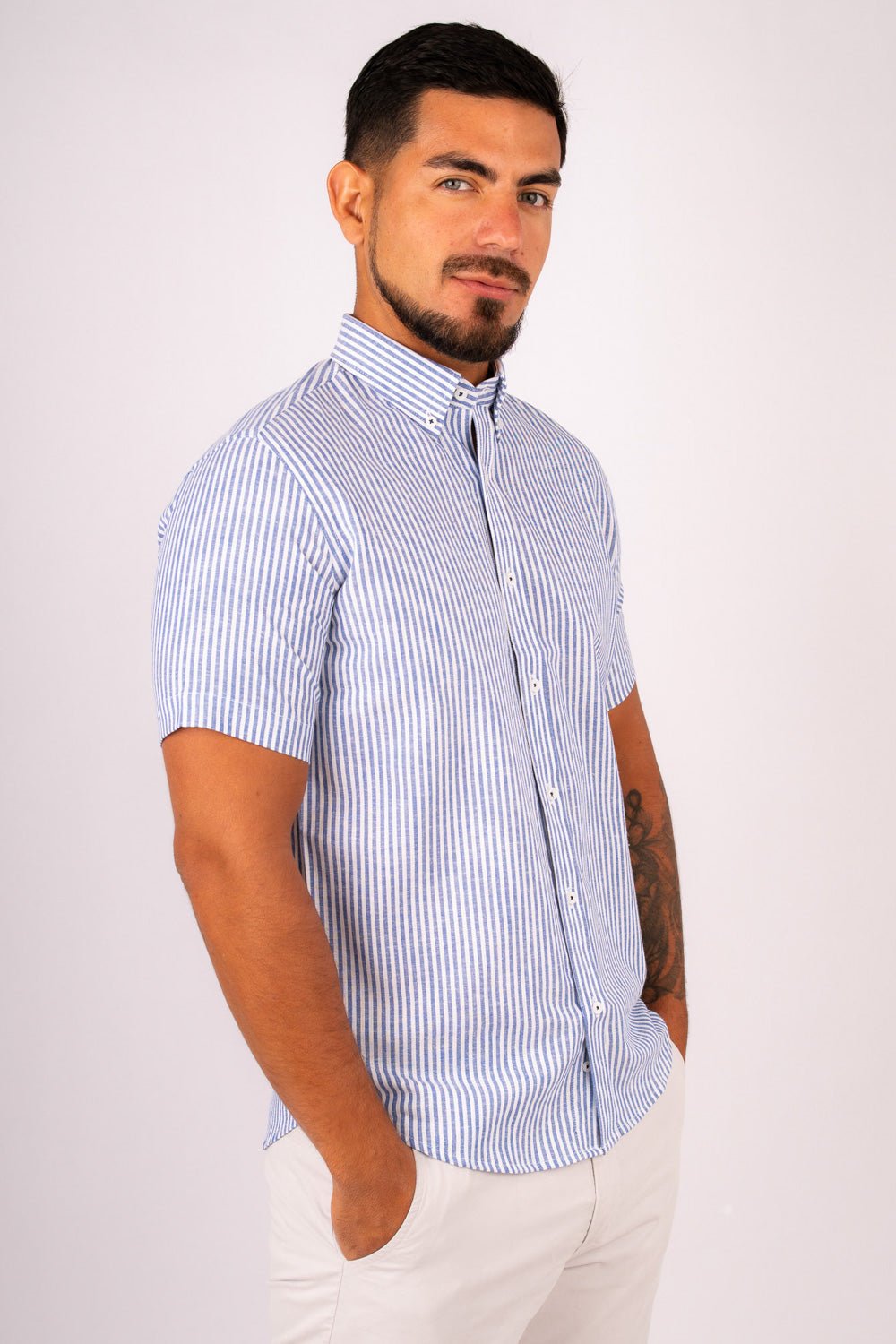 Camisa Lino Algodón Rayas Azul Manga Corta Slim Fit - BARBADENS