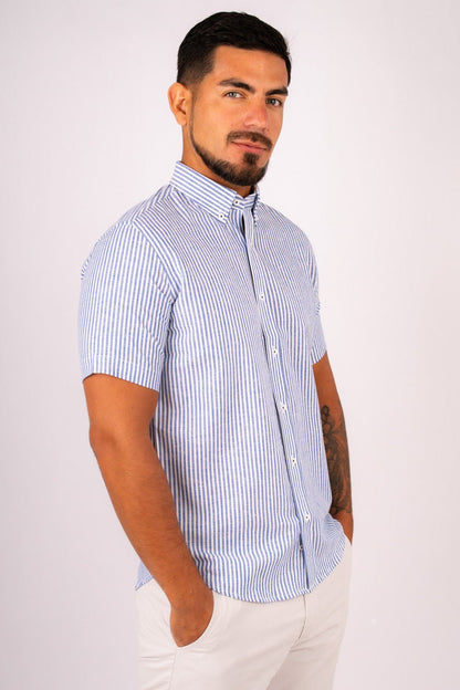 Camisa Lino Algodón Rayas Azul Manga Corta Slim Fit - BARBADENS