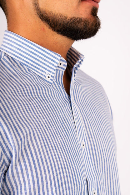 Camisa Lino Algodón Rayas Azul Manga Corta Slim Fit - BARBADENS