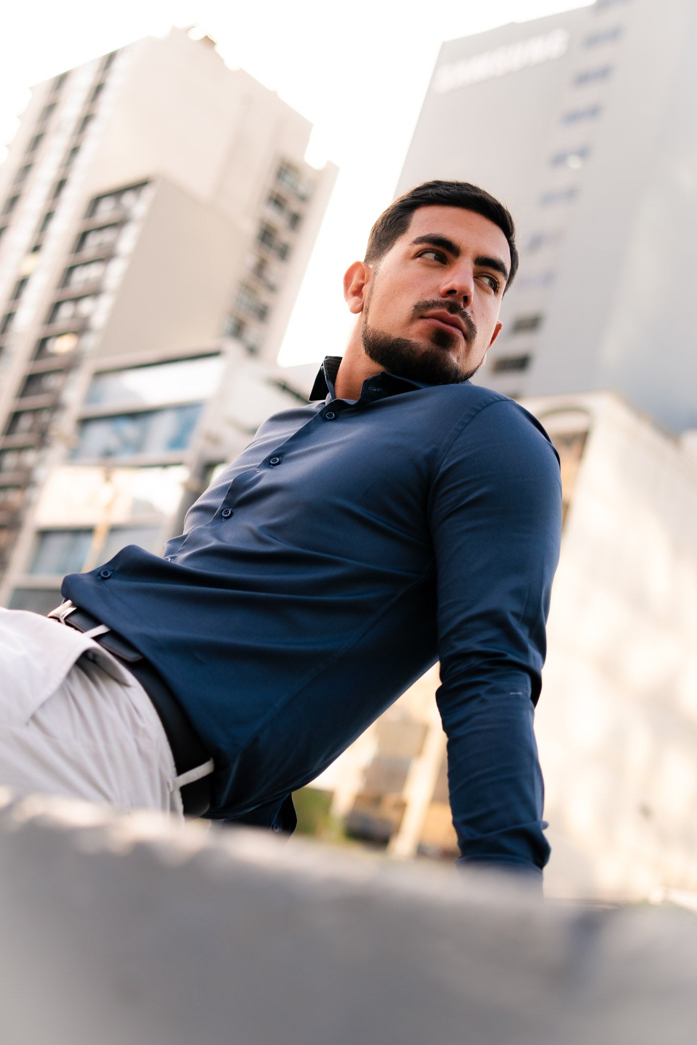 Preventa - Camisa Azul Noche Algodón Stretch Slim Fit - BARBADENS