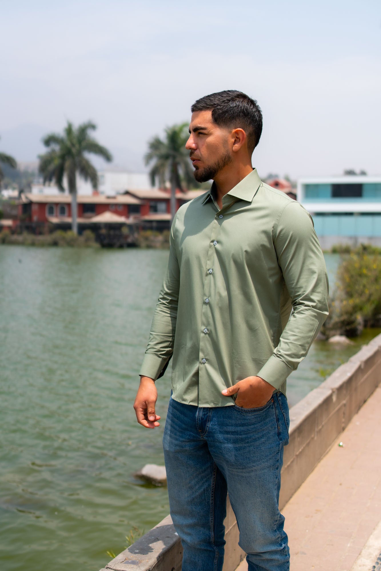 Camisa Verde Olivo Algodón Strecth Slim Fit - BARBADENS