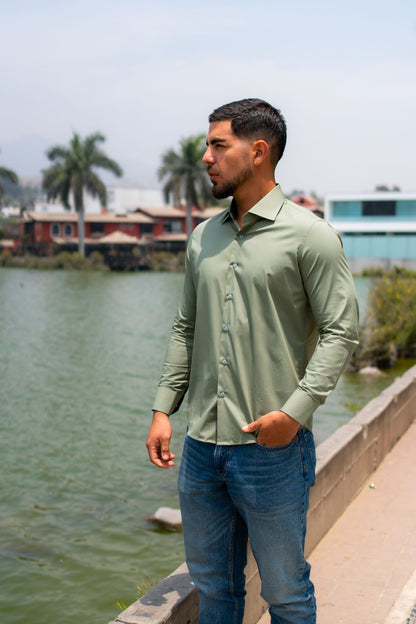 Camisa Verde Olivo Algodón Strecth Slim Fit - BARBADENS