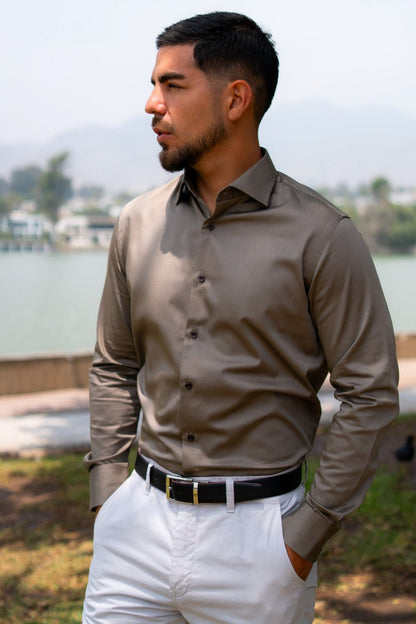 Preventa - Camisa Café Algodón Stretch Slim Fit - BARBADENS