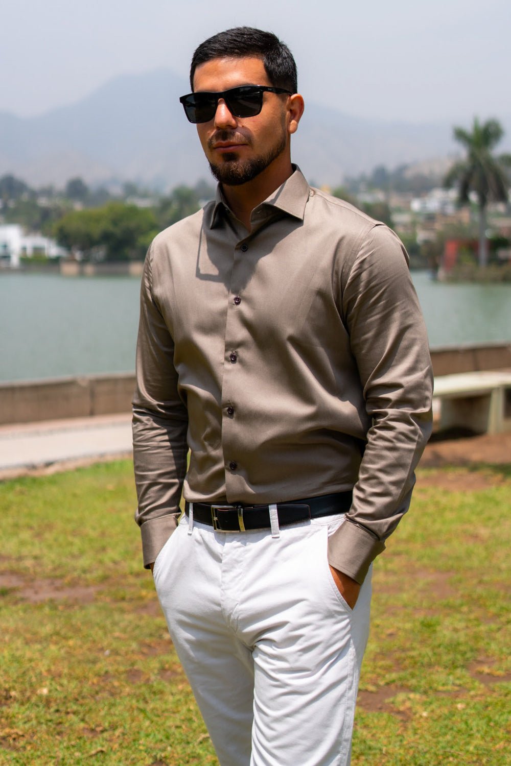 Preventa - Camisa Café Algodón Stretch Slim Fit - BARBADENS