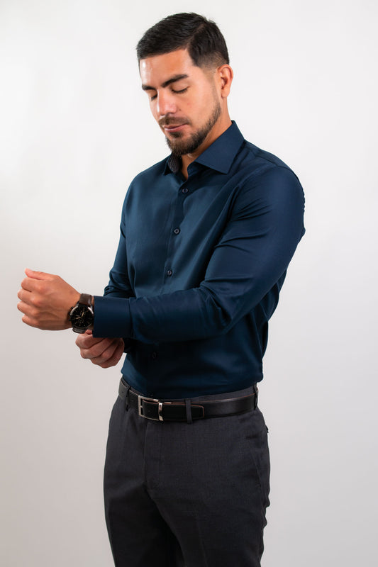 Camisa Azul Marino Dobby 100% Pima - BARBADENS