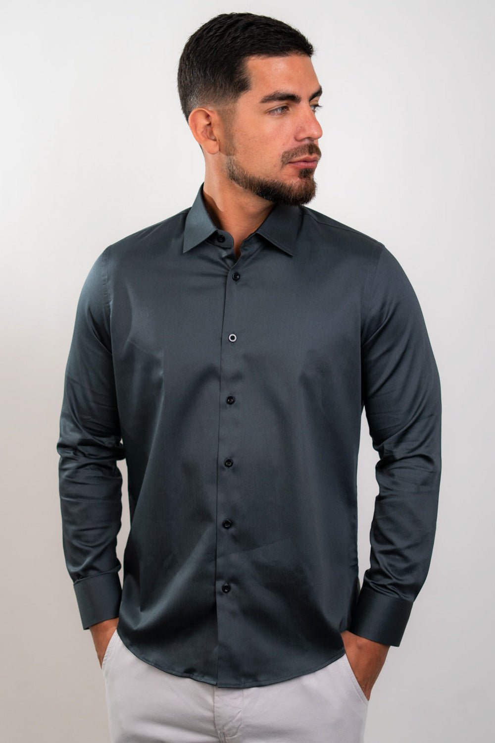 Preventa - Camisa Charcoal Algodón Stretch Slim Fit - BARBADENS