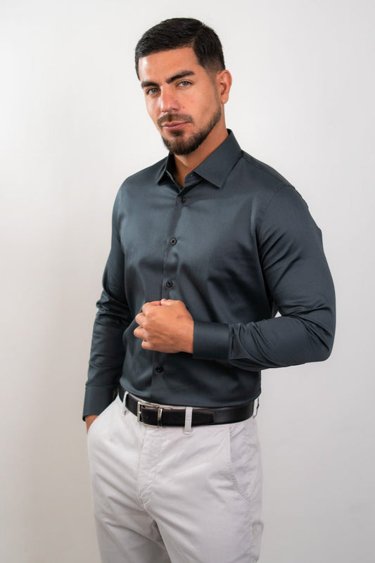 Preventa - Camisa Charcoal Algodón Stretch Slim Fit - BARBADENS