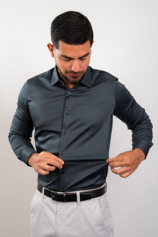 Preventa - Camisa Charcoal Algodón Stretch Slim Fit - BARBADENS