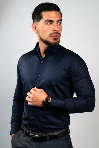Preventa - Camisa Azul Noche Contraste Algodón Stretch Slim Fit - BARBADENS