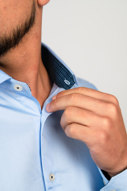 Preventa - Camisa Celeste Contraste Algodón Stretch Slim Fit - BARBADENS