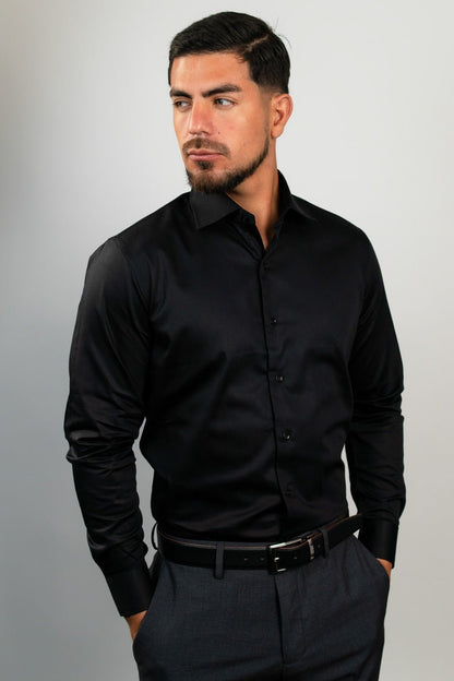 Preventa - Camisa Negra Algodón Stretch Slim Fit - BARBADENS