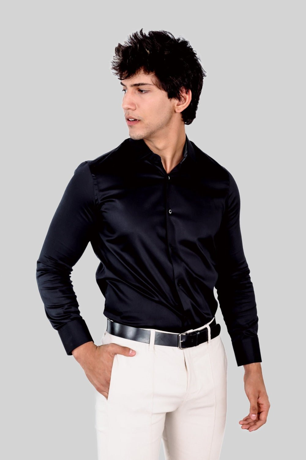 Preventa - Camisa Negra Algodón Stretch Slim Fit - BARBADENS