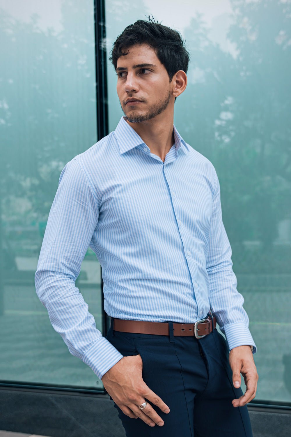 Preventa - Camisa Rayas Celeste Bambú Stretch Slim Fit - BARBADENS