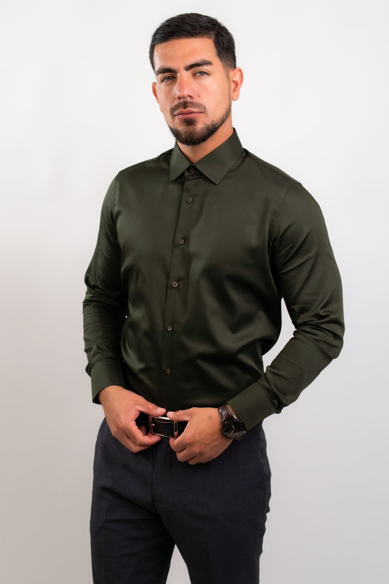Preventa - Camisa Verde Militar Algodón Stretch Slim Fit