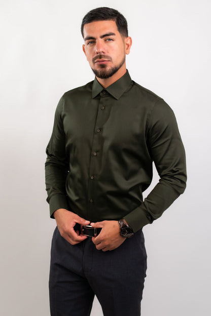 Preventa - Camisa Verde Militar Algodón Stretch Slim Fit