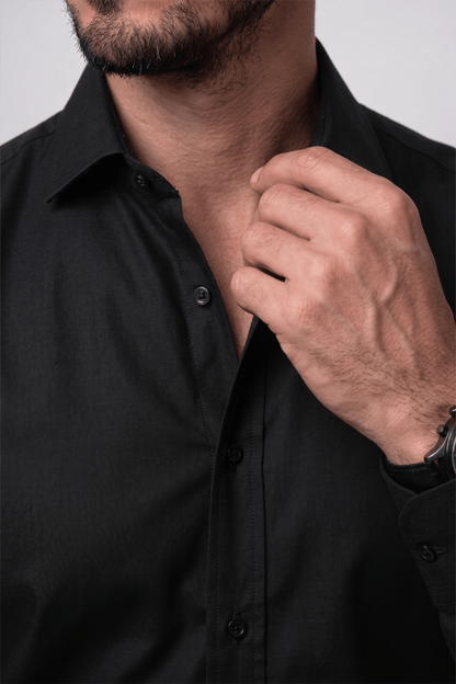 Preventa - Camisa Negra Algodón Bambú Stretch Slim Fit - BARBADENS