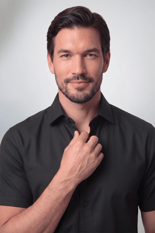 Preventa - Camisa Negra Algodón Bambú Stretch Manga Corta Slim Fit - BARBADENS