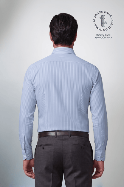 Preventa - Camisa Rayas Celeste Algodón Bambú Slim Fit - BARBADENS