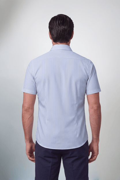 Preventa - Camisa Rayas Celeste Manga Corta Algodón Bambú Slim Fit - BARBADENS
