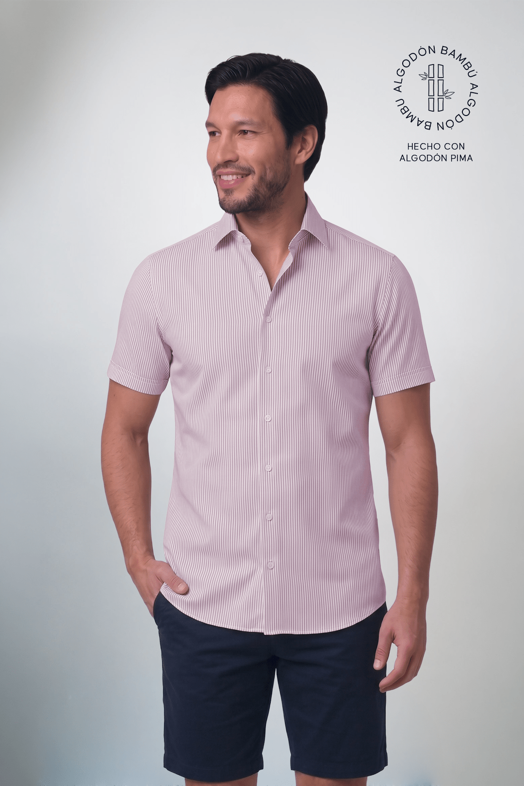 Preventa - Camisa Rayas Rosada Manga Corta Algodón Bambú Slim Fit - BARBADENS