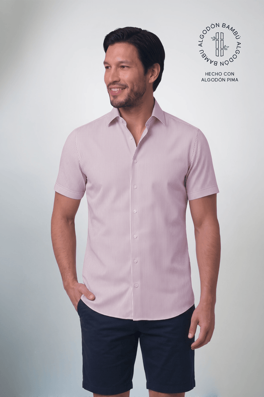 Preventa - Camisa Rayas Rosada Manga Corta Algodón Bambú Slim Fit - BARBADENS