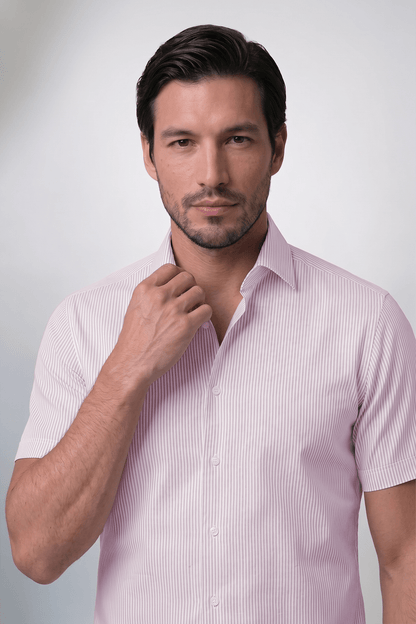 Preventa - Camisa Rayas Rosada Manga Corta Algodón Bambú Slim Fit - BARBADENS