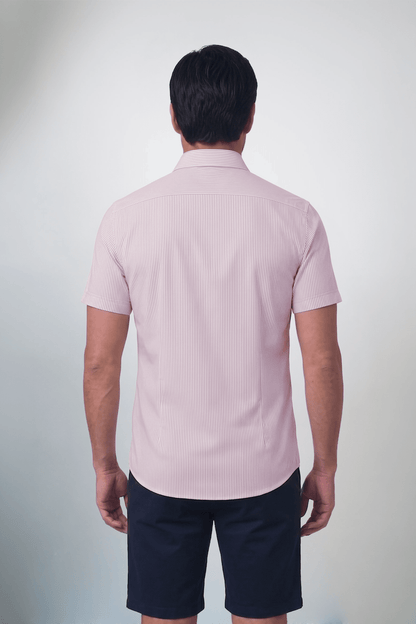 Preventa - Camisa Rayas Rosada Manga Corta Algodón Bambú Slim Fit - BARBADENS