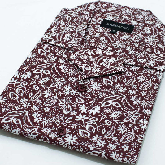 Camisa Floreada Guinda Algodón Pima Manga Corta - BARBADENS