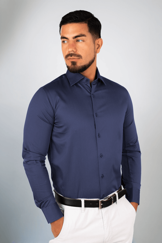 Preventa - Camisa Azul Acero Algodón Stretch Slim Fit - BARBADENS