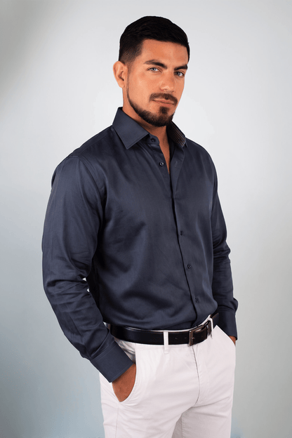 Preventa - Camisa Azul Acero Algodón Stretch Regular Fit - BARBADENS