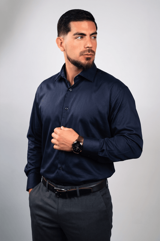 Preventa - Camisa Azul Noche Algodón Stretch Regular Fit - BARBADENS