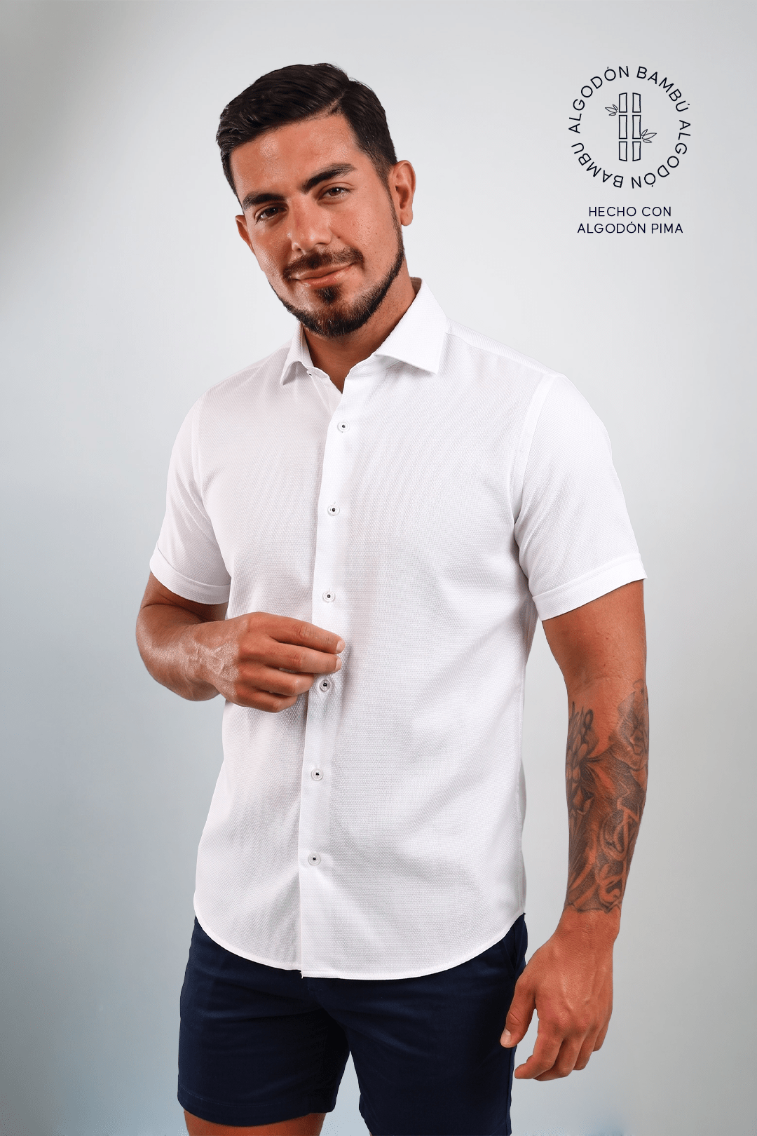 Preventa - Camisa Blanca Manga Corta Algodón Bambú Slim Fit - BARBADENS