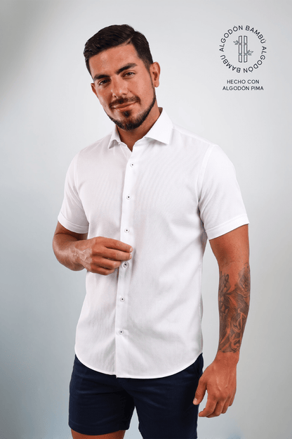 Preventa - Camisa Blanca Manga Corta Algodón Bambú Slim Fit - BARBADENS