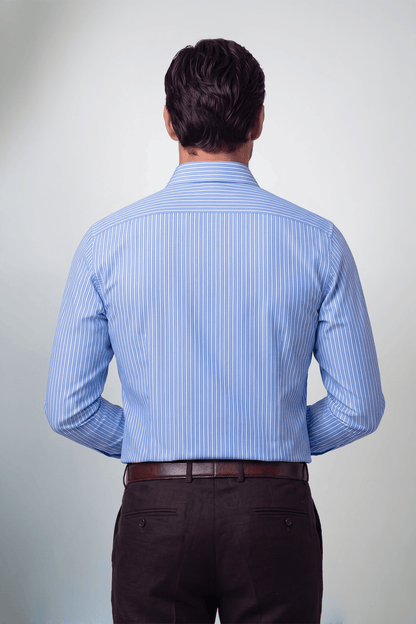 Preventa - Camisa Celeste Líneas Algodón Bambú Slim Fit - BARBADENS
