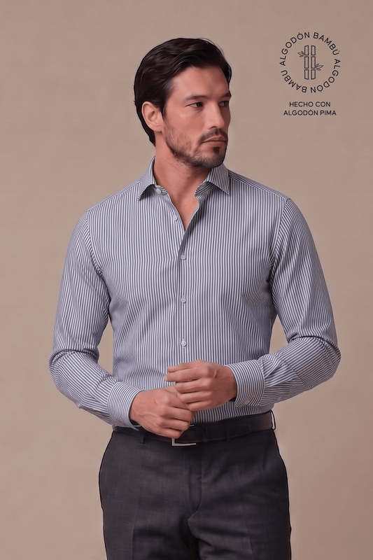 Preventa - Camisa Rayas Azul Bambú Algodón Stretch Slim Fit - BARBADENS