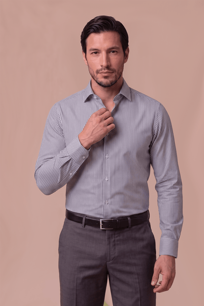 Camisa Rayas Azul Algodón Bambú Slim Fit - BARBADENS