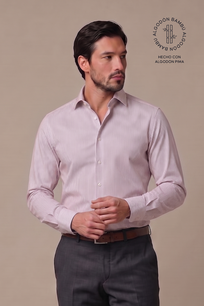 Preventa - Camisa Rayas Rosada Bambú Algodón Stretch Slim Fit
